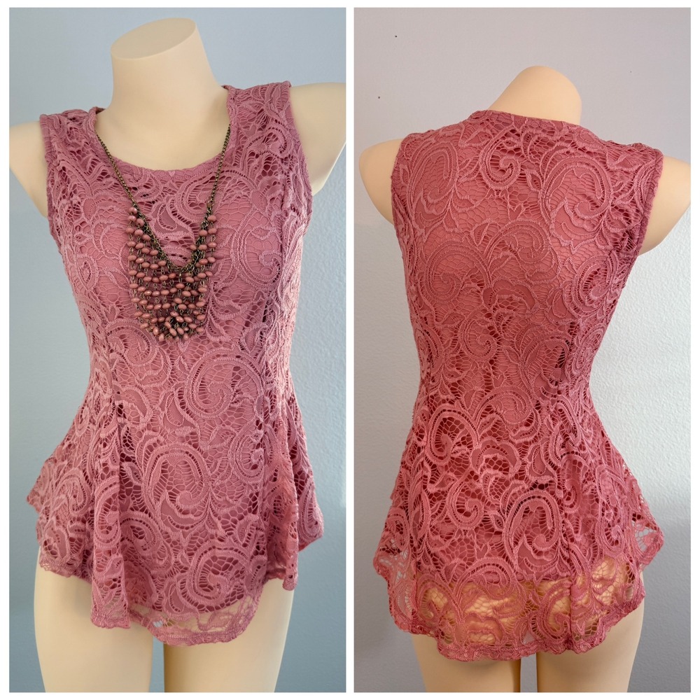 Vtg Dusty Rose Floral Lace Peplum Necklace Sleeveless Top M Coquette Victorian